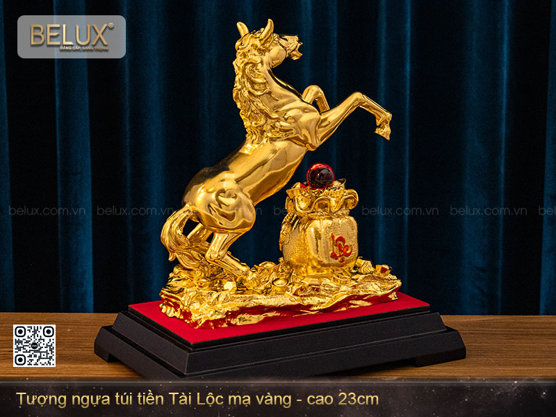 Tượng ngựa túi tiền tài lộc mạ vàng 24k